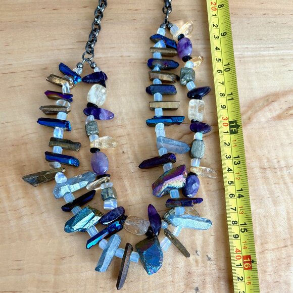 Chunky Aura Quartz Amethyst Pyrite Gemstone Statement Necklace - Picture 3 of 6